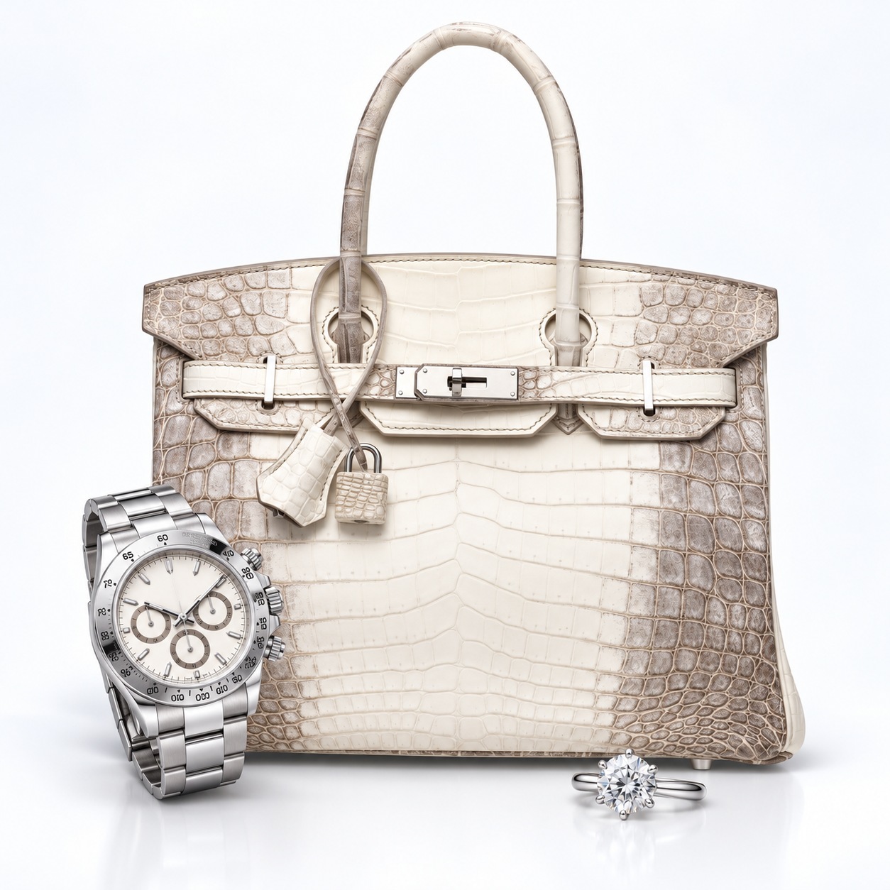 喜马拉雅 Birkin 30、钢带腕表与钻戒交叠陈列的合成品牌主视觉